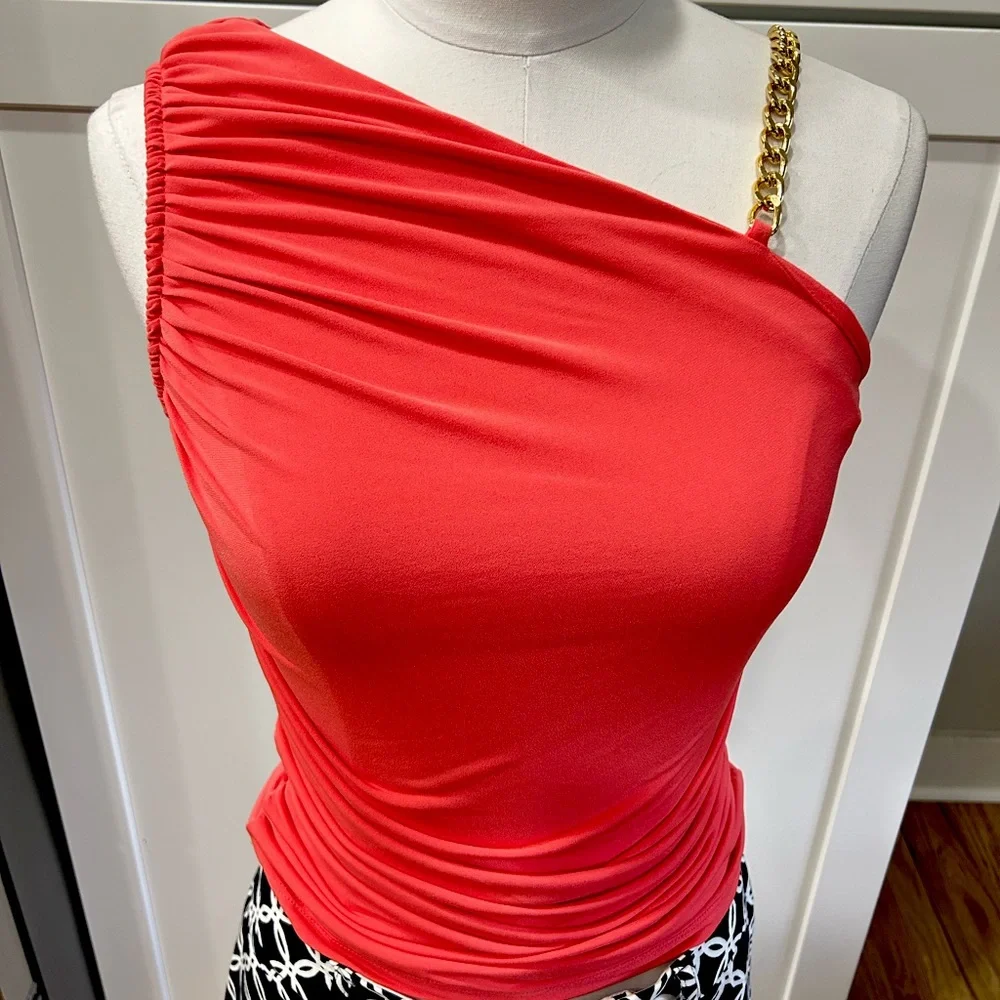 NWT Michael Kors Pullover Ruched Knit Top With Edgy One Shoulder Chain Strap